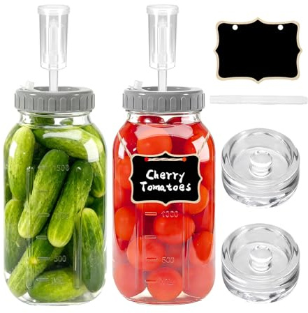 Alitree 2 stycken fermenteringsglas, 2 l bred mun fermenteringsglas, fermenteringsglas med luftlås och vikt, transparent med lock, fermenteringsglas för surkål, kimchi, gurkor och mycket mer och