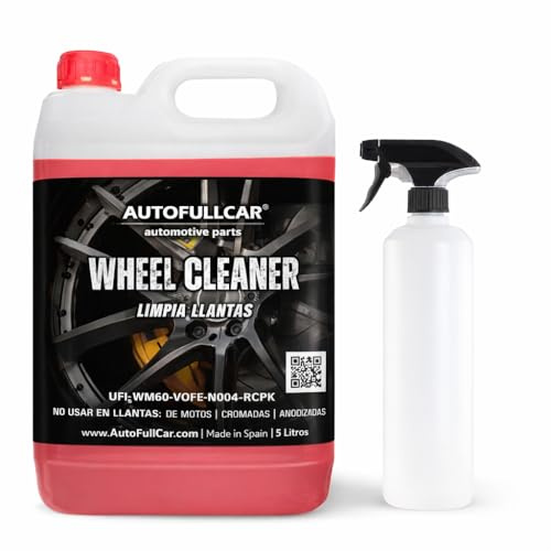 AutoFullCar Wheel Cleaner 5 Litros, Limpiador Llantas Coche, Limpia Llantas Desengrasante Alcalino, Elimina Ferodo y Grasa, Brillo Duradero, Incluye Botella con Difusor