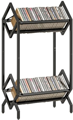 HOMCOM 50 CD Storage Rack 2-Tier Metal CD/DVD Rack Space-Saving Black | Free Standing Display, Small Books DVDs and Albums, Easy Assembly, Living Room