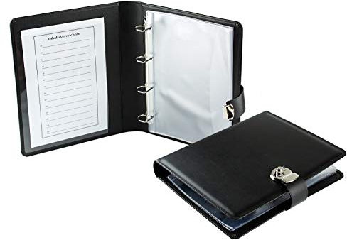 DELMON VARONE - Personalisierbare Dokumentenmappe DIN A4 mit Schloss & Schlüssel inkl. 10 Klarsichthüllen, Premium Boxcalf Leder schwarz, Elegante Ringbuchmappe mit Verzeichnis für Dokumente, Urkunden