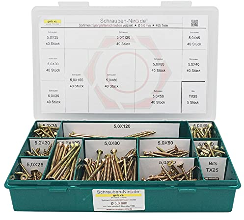 Sortiment/Set Spanplattenschrauben Torx verzinkt gelb - Durchmesser 5,0 mm - Holzschrauben mit Senkkopf