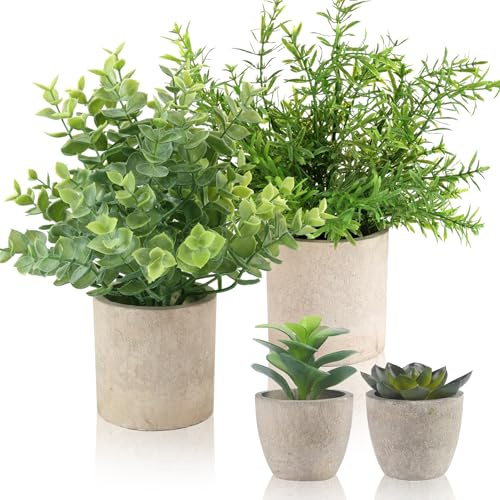 ALAGIRLS 4 Pack Small Fake Plants, 10 Artificial Plants Indoor Eucalyptus/Rosemary/Succulents, Small Faux Plants in Pulp Pot,for Farmhouse Decor, for Bathroom Bedroom Kitchen Office Living Room Decor