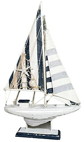 Rustic Sailing Boat Model Nautical Wood Fabric Striped Sail Bathroom Ornament 42cm