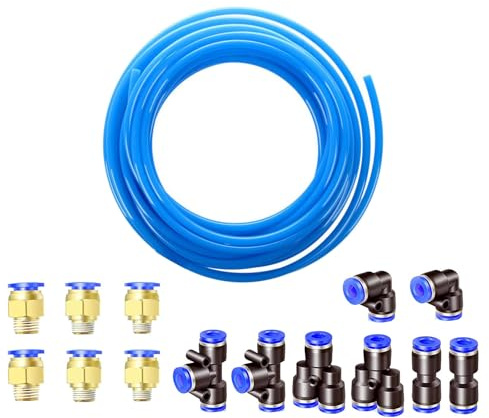 HUAZIZ 10 Meter PU Pneumatisk Slang - Flexibel Tryckluftsslang Utomhus 10 mm x Insida 6,5 mm Blå - Med Air Push-Snabbkopplingar (Y/T/L/I Formad)