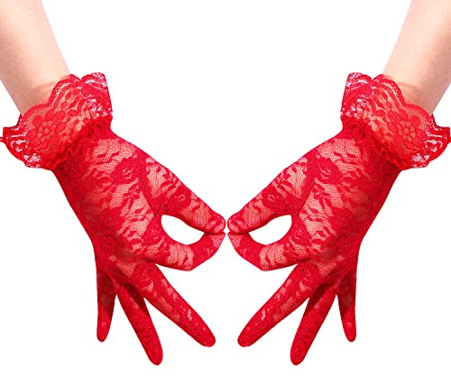 KINBOM Lace Gloves, Short Gloves Lace Gloves Women with Rhinestone Bow Tie Wrist Glove for Evening Wedding Party Prom Concert Cosplay