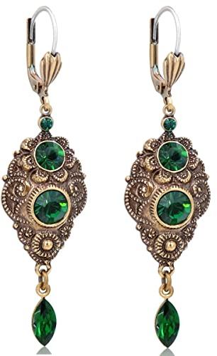 Jugendstil Ohrringe Gold Grün Emerald Ohrhänger Gold Kristalle Klappverschluss NOBEL SCHMUCK