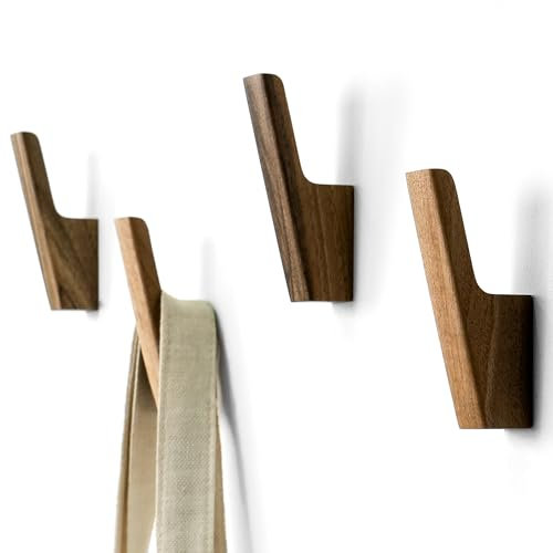 Wood Wall Hooks - Set of 4 - Dark Walnut Wood Coat Hooks for Hanging Hat, Purse, Backpack, Bag, Jacket - Modern Farmhouse Decor for Wall and Practical Entryway Wall Hooks (Walnut)