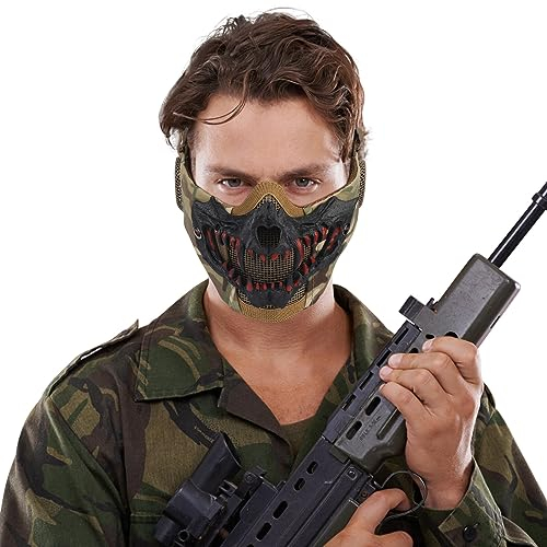 Yzpacc Airsoft-Maske, Halbgesichtsmaske, Oni-Maske, Samurai-Maske, Totenkopf-Halbgesichtsmaske, taktische Halbgesichtsmaske mit Ohrenschutz, Netzmaske für Halloween, Party, Paintball, Cs, Jagd