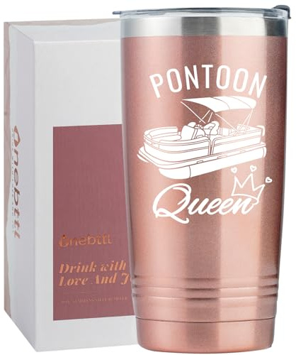 Onebttl Funny Pontoon Boat Gifts for Boat Owners, 20oz Stainless Steel Tumbler with Spill-Proof Lid and Straw, Gift Card & Box Included, Rose Gold - Pontoon Queen