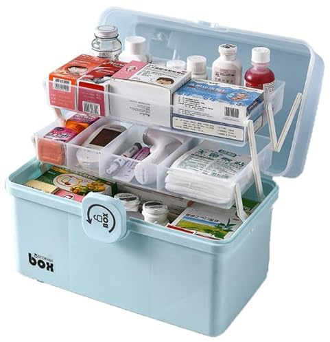 ZAXER - Treskikts medicinbehållare - Bärbar medicinbehållare - Första hjälpen-set - Hemapotek - Stor organisatör - Medicin - Med bärhandtag - Blå - 34 x 21 x 19 cm