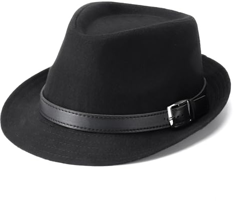 Ultrafun Fedora Hats for Men Women Short Brim Felt Winter Hat Panama Dress Fedora Hat (Leather Belt-Black)