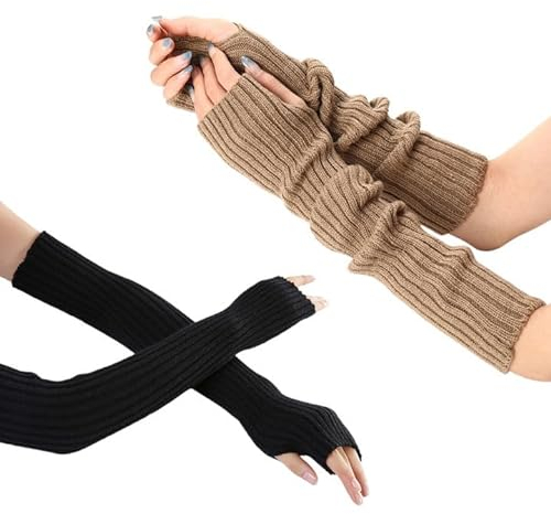 EUPSIIU 2 Paar Halb Fingerlose Handschuhe, Winter Armstulpen, Stricken Pulswärmer Wolle Damen, Handwärmer Sporthandschuhe (Schwarz, Khaki)