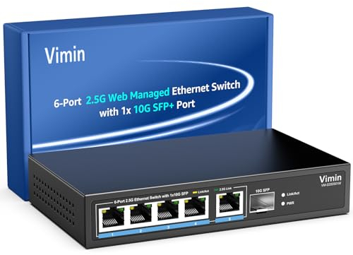 VIMIN 5-port 2.5G Base-T Smart Web Ethernet-omkopplare hanterad med 10 Gbps SFP-port, kompatibel med 100/1000/2500 Mbit/s nätverk, 6-portars 2,5 Gigabit hanterad omkopplare för 2,5 G NAS, spelPC, WiFi