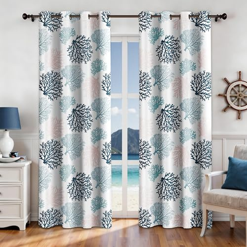 weesire Cortinas costeras náuticas Decorativas para Playa, océano, Coral, Bloqueo de luz al 50%, Cortina con Ojales para Villa, Sala de Estar, Dormitorio, Azul Marino y Blanco, Juego de 2 Paneles, 52