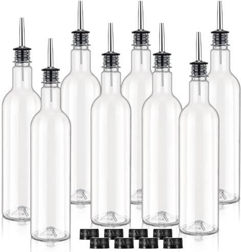 RimCereal 8 Pack 25 oz Syrup Bottle Plastic Long Neck Bottle with Stainless Steel Leakproof Tapered Spout Pourer and Cap Alcohol Juice Coffee Container for Home Bar Service Bartending Supplies