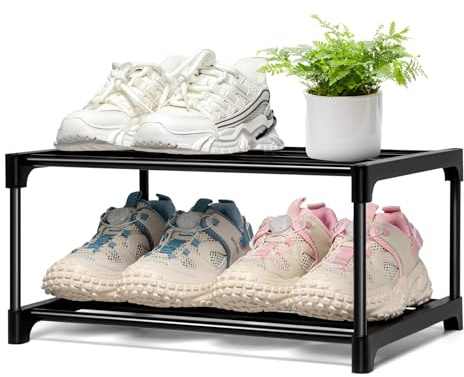 OLYREO Schuhregal mit 2 Ebenen, Schuhregale Schmal Platzsparend aus Metall Schwarz, Stapelbar Dauerhafte Schuhregal Klein Schuhaufbewahrung für 4 Paar Schuhe für Flur, Wohnzimmer, Schlafzimmer