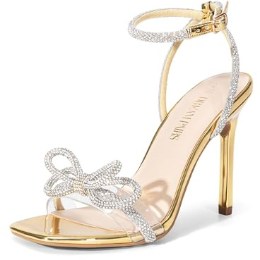 DREAM PAIRS Women's Double Bowknots Crystal Sandals Clear Slingback Heels Square Toe Shoes for Party Wedding Brielle,Size 7,Gold-Pat,SDHS2389W