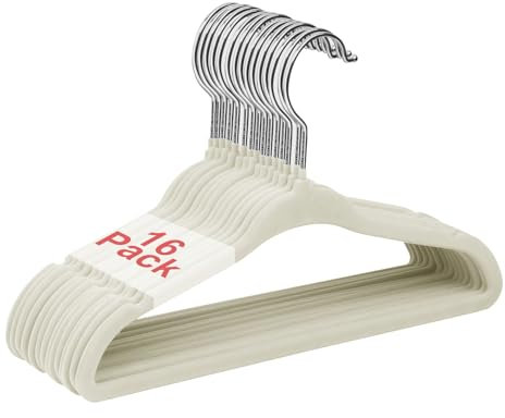 Wellong Kinderkleiderbügel, 28 cm Baby-Samtbügel mit 360°-Drehhaken, rutschfeste Kleiderbügel Samt, platzsparende Kleiderbügel für Säuglinge und Kleinkinde, 16 Stück Crème