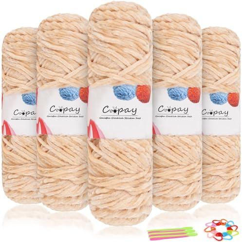 Coopay Laine Chenille Veloutée, 500g (5 x 100g), Pelote de Laine à Tricoter Douce, Épaisseur de 3mm, Super Moelleuse Fil Chenille Pour Crochet Tricot Écharpe, Couverture, Chaussettes - Beige