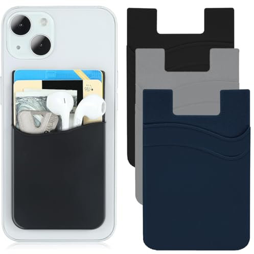 CPJJ 3 Piezas Doble Piso Tarjetero Para Móvil,Funda Para Tarjetas De Silicona,Tarjetero Para Pegar En La Parte Trasera,Negro/Gris/Azul