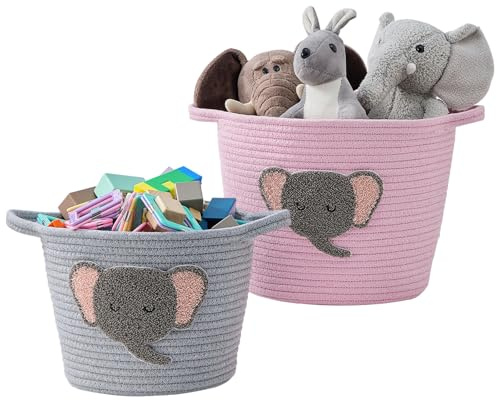 AOFANGSHIYE Pack 2 Cestas Almacenamiento Infantil Arcoíris, Tejido Cuerda Algodón, Ideal para Juguetes, Ropa y Artículos Niños, Organizador Decorativo Apilable (Cesta de elefante rosa y gris)