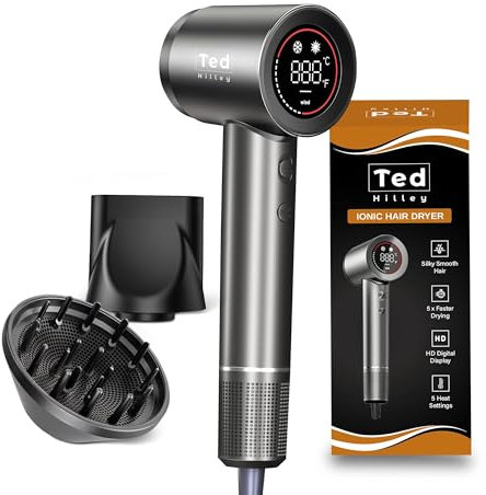 Ionen Föhn mit Diffusor & High-Speed Motor – 5× schnellerer Haartrockner Ionen – Fön mit Diffusor & Konzentrator – 5 Heizstufen, 2 Geschwindigkeiten, HD-Display – Reiseföhn & Haarföhn für Locken