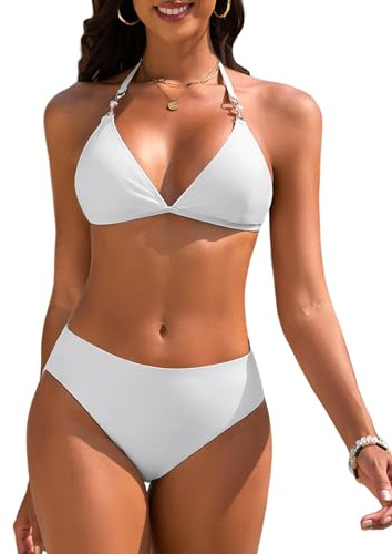 UMIPUBO Costume da Bagno Donna Due Pezzi Sexy Triangolo Top Costumi Bikini Set con Perline Brasiliano Reggiseno Coulisse Spiaggia Beachwear(Bianco,S)