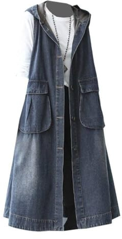 Chaleco vaquero sin mangas for mujer: elegante chaleco vaquero lavado, chaleco largo for mujer, jeans, chaqueta vaquera de talla grande, bolsillos grandes, capucha, chaqueta informal de verano y prima