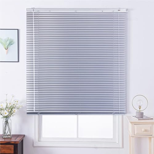 Silver Grey Venetian Blinds Slat Aluminium Metal Home Office Blind Thin Slats Kitchen Blinds Blackout Shutters Child Safe Home, Customisable (40×140cm)