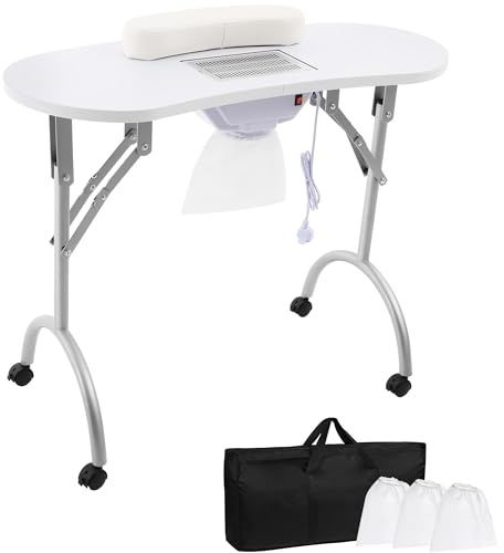 Nagelbord med sugning, 5,5 W vikbart manikyrbord med hjul, mobil nageldammsugare med 3 dammsugarpåsar och bärväska för nagelstudior, skönhetssalonger, hushåll, BIS 30 kg (vit)