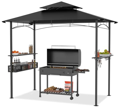 XMTECH Grillpaviljong 2,45 x 1,53 m med dubbelt lagertak, festtält, grilltält, trädgårdspaviljong, pergola med sidohyllor och förvaringskorgar, regnskydd, UV-resistent, för fest BBQ, svart
