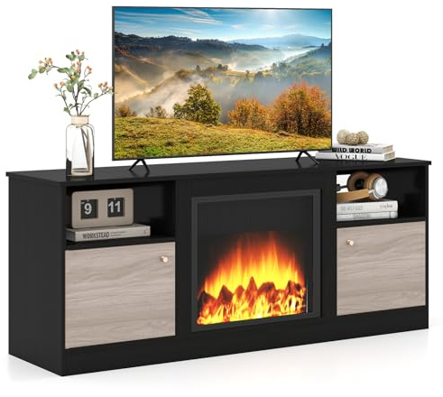 KOMFOTTEU Mueble para TV de 65 con Luces LED, Mesa Baja para Televisor con Estante Ajustable y Compartimento Abierto para Chimenea Eléctrica, Centro de Entretenimiento para Salón, Dormitorio