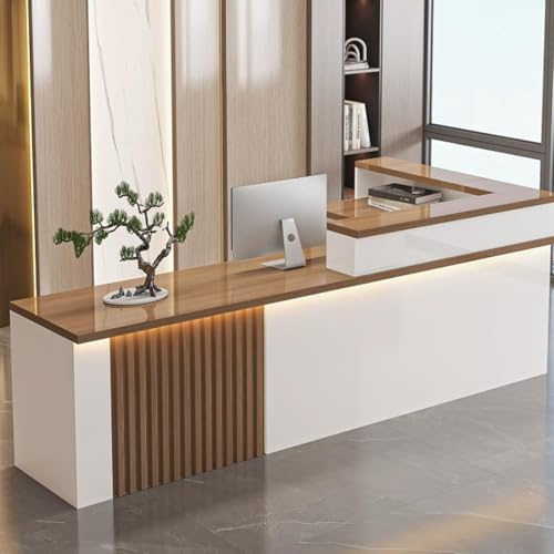 Bureau de réception moderne en forme de L avec lumières LED, tiroir verrouillable, comptoir de caisse pour salon, bureau, magasin – Marron, 120 x 60 x 99,8 cm
