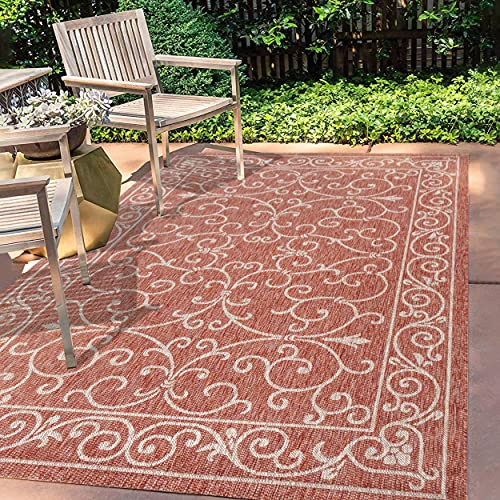 JONATHAN Y SMB106B-8 Charleston Alfombra Exterior Interior Textura Tejido Filigrana Vintage, Fácil de Limpiar, Habitación, Cocina, 240 cm x 300 cm, Rojo/Beige