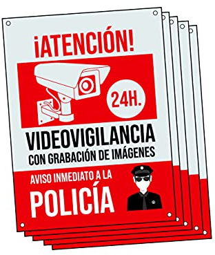 Cartel videovigilancia - Placa alarma conectada - Carteles zona videovigilada - Aviso a la Policía 20x15 cm Rojo Interior/Exterior (5 Piezas Cartel videovigilancia)