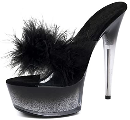 Mujer Moda Peep Toe Stiletto Slip-On Tacón Alto Pantuflas con Salón De 15 Cm, Tacón Stiletto Plataforma Transparente Sandalias Verano Tallas Grandes Unisex,Negro,37 EU