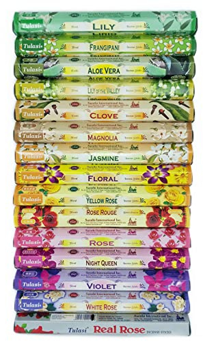 Pack 12 Schachteln mit natürlichen Blumen Weihrauchdüften – 6 verschiedene Düfte - Verschiedene Düfte - Rose, Jasmin, Veilchen, Lilie und mehr – Zuhause, Meditation, Yoga, spirituell – 240 Stäbchen