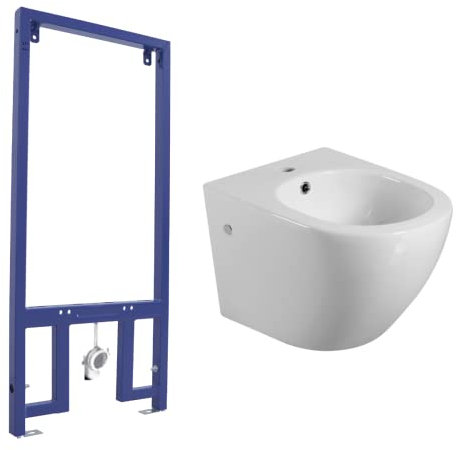 Pack Bidet Suspendido Cerámico de Baño con Bastidor para Bidé | Bidé al Aire de Fondo Reducido Sin Tapa Redondo Cerámico Moderno y Fácil Limpieza | Acompañado de Bastidor | Blanco Brillo