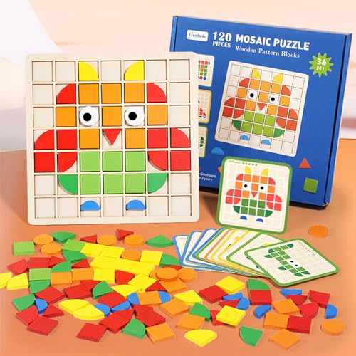 Jastown 120pcs Kreative Mosaik-Puzzle,Hölzerne Muster Blöcke Set,Form Matching Game,Montessori Spielzeug ab 3 4 5 6 Jahre,Tangram Kinder,Sensorische Feinmotorik Konzentrationsspiele Lernspiele