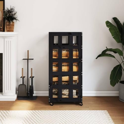 NITCA Portalegna con Ruote,Carrello portalegna in Legno caminetto Camino Stufa Porta Legna da ardere,Carrello portalegna da Camino,40x49x110 cm Legno Massello di Pino, Nero