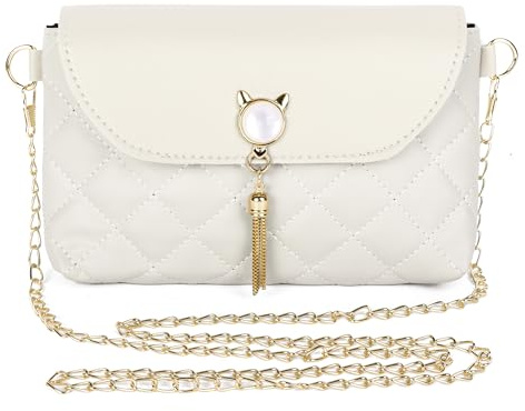 Fililogor Damen Umhängetasche Kleine Handtaschen PU-Leder Crossbody Bags mit Kette Messenger Umhängetaschen mit niedlichen Quasten in Katzenform Geldbörse für Mädchen und Damen (Weiß)
