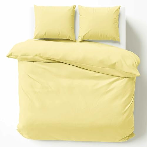 Cotton Castle Bettwäsche Bettgarnitur Bettbezug 100% Baumwolle 135x200 155x220 200x200 200x220, Farbe:Vanille Gelb, Größe:155 x 220 cm