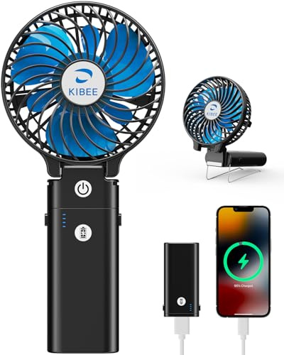 KIBEE Portable Handheld Fan - 5200mAh USB Rechargeable [20H Max Runtime] with Power Bank, Foldable 180° Mini Personal Fan, 3-Speed with Stand for Travel/Outdoor/Makeup/Concerts (Black)