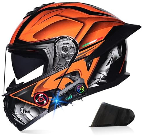 RHBDDHV Bluetooth Modular Motorbike Helmet, ECE Approved Flip Up Full Face Integrated Helmet, Street Bike Racing Helmet, with Anti-Fog Double Visor, for Adults Men Women, M~XXXL