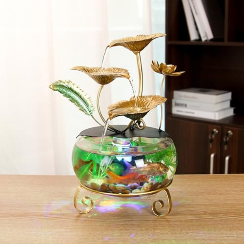 MIXIUJIEN Fontana d'acqua dorata con fiori di loto con luci a LED e acquario, elegante decorazione da tavolo per casa e ufficio, cascata rilassante per interni per un'atmosfera da scrivania
