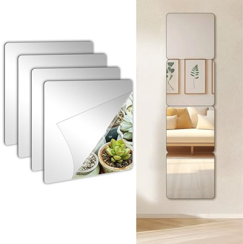 4 st väggspegelklistermärken, 20 x 20 cm HD flexibel väggspegel, självhäftande spegelkakelpinne, akryllängd helkroppsspeglar klistermärken, klistra på väggspeglar för vägg, skola, gym, hall badrum