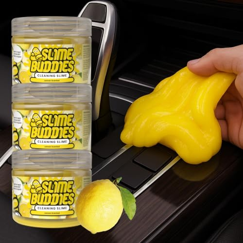 Slime Buddies Gel detergente, Ideale per Interni Auto, portabicchieri, tastiere e Altro Ancora, Riutilizzabile, Confezione da 3, Limone, Mela, Fragola