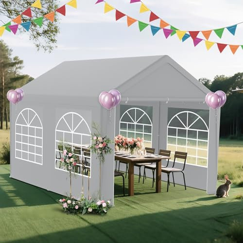 Froadp Carpa estable 3 x 4 con tubo de acero redondo, lona de techo de polietileno y paredes laterales para ventanas, carpa para bodas, fiestas, 3 x 4 m, como pérgola, pabellón de jardín o carpa para