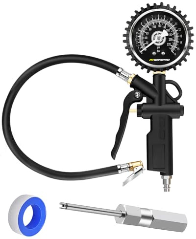 Atsafepro Tire Pressure Gauge with Inflator - 0-220PSI ANSI B40.1 Accurate, 2.5 Easy Read Glow Dial & Rubber Hose, Air Compressor Attachments for Tire Pressure Check