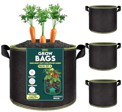 My Garden Grow Bags 5 Litre Fabric Planter Pots with Handles 320g Thickened Nonwoven Breathable Growing Bags for Vegetables, Herbs, Flowers, Tomatoes, Potatoes & Fruits Indoor & Outdoor (4, 5 Litres)